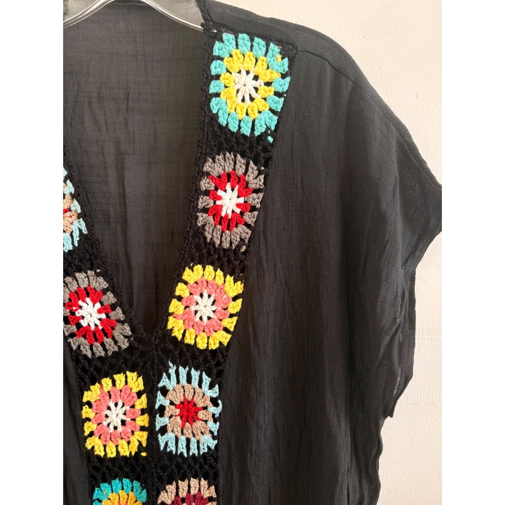Black Crochet Granny Square Maxi Caftan‎ Boho Beach Swim Cover Resort Wear L/XL - Picture 4 of 6